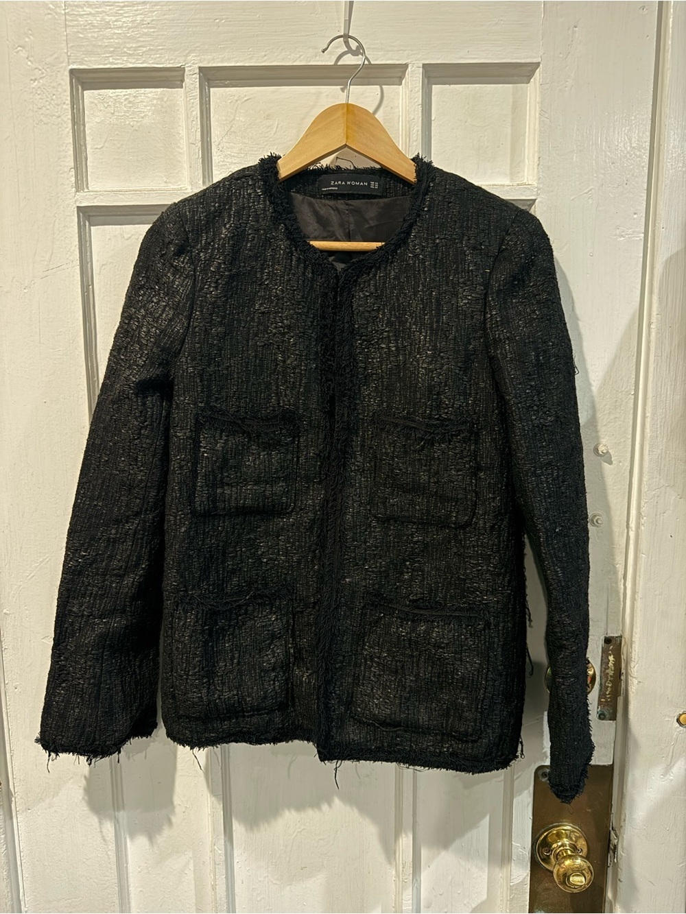 Zara Black Textured Collarless Tweed Jacket